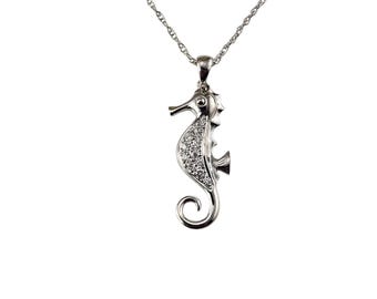 14k White Gold Diamond Seahorse Pendant Necklace 18" #25316