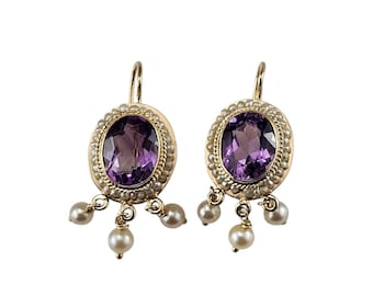 14k Yellow Gold Amethyst and Pearl Drop Earrings #25337