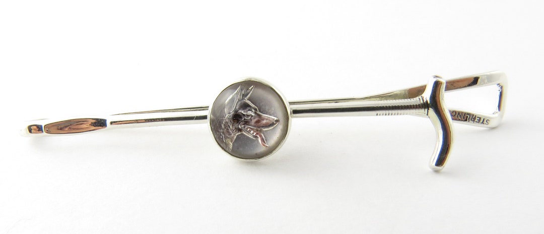 Vintage Sterling Silver Reverse Intaglio German Shepard Tie 