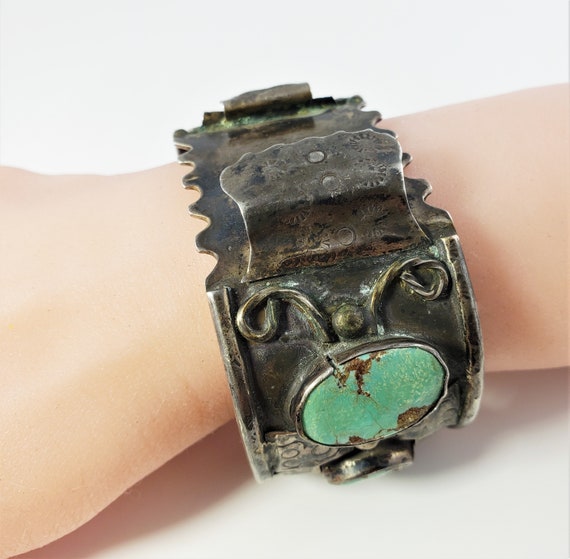 Vintage Native American Silver and Turquoise Watch Cuff #7643 Vintage Native American Sterling Silver and Turquoise Watch  main image 2