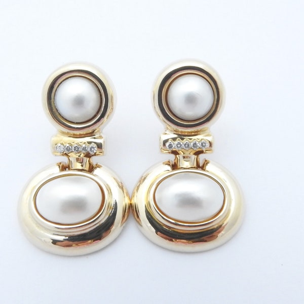 Vintage 14 Karat Yellow Gold Mabe Pearl and Diamond Earrings #7386