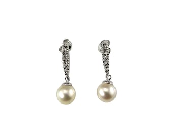 14k White Gold Pearl and Diamond Drop Earrings #24963
