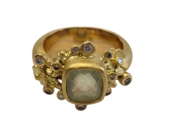 18k Yellow Gold Prasiolite and Diamond Ring Sandblast Finish Size 6 Cert  #26885