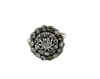Vintage 17k-18k Yellow Gold and Silver Rose Cut Diamond Cluster Dome Ring #16544