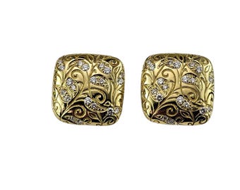 Seidengang 18k Yellow Gold Diamond Omega Back Square Floral Earrings #25333