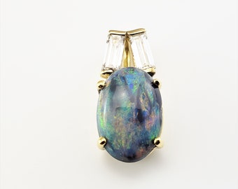 Vintage 14 Karat Yellow Gold Black Opal and Diamond Pendant #8455