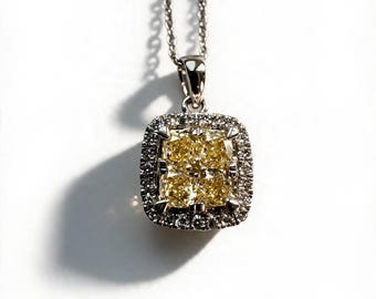 14k White Gold Fancy Yellow and White Diamond Halo Pendant Necklace Cert #26883