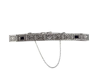 14k White Gold Filigree Diamond Blue Gemstone Bracelet #25341