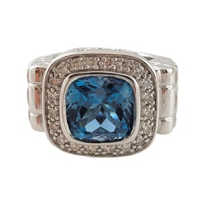 Vintage 14K White Gold Blue Topaz Diamond Halo Cocktail Ring Size 7 #14765