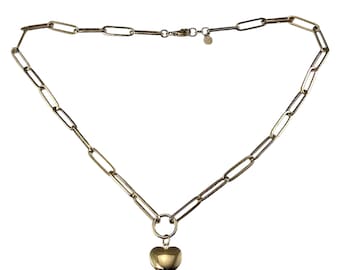 14k Yellow Gold Hollow Paper Clip Chain Heart Pendant Necklace #24355