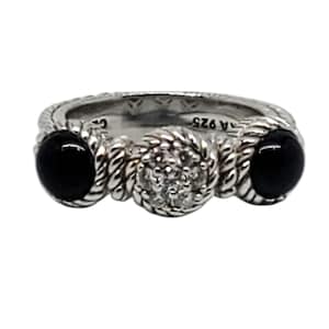 Judith Ripka Sterling Silver Onyx and Cz Ring Size 7 #21032