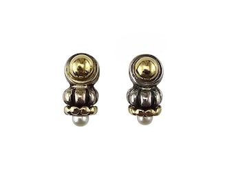 Lagos Caviar Sterling Silver and 18k Yellow Gold Pearl Earrings #25338