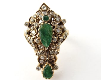 Vintage 14 Karat Yellow Gold Natural Emerald and Diamond Ring Size 7.5 #3827