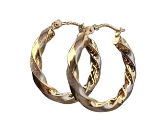 14k Two Tone Yellow and White Gold Twisted Hoop Earrings #26286