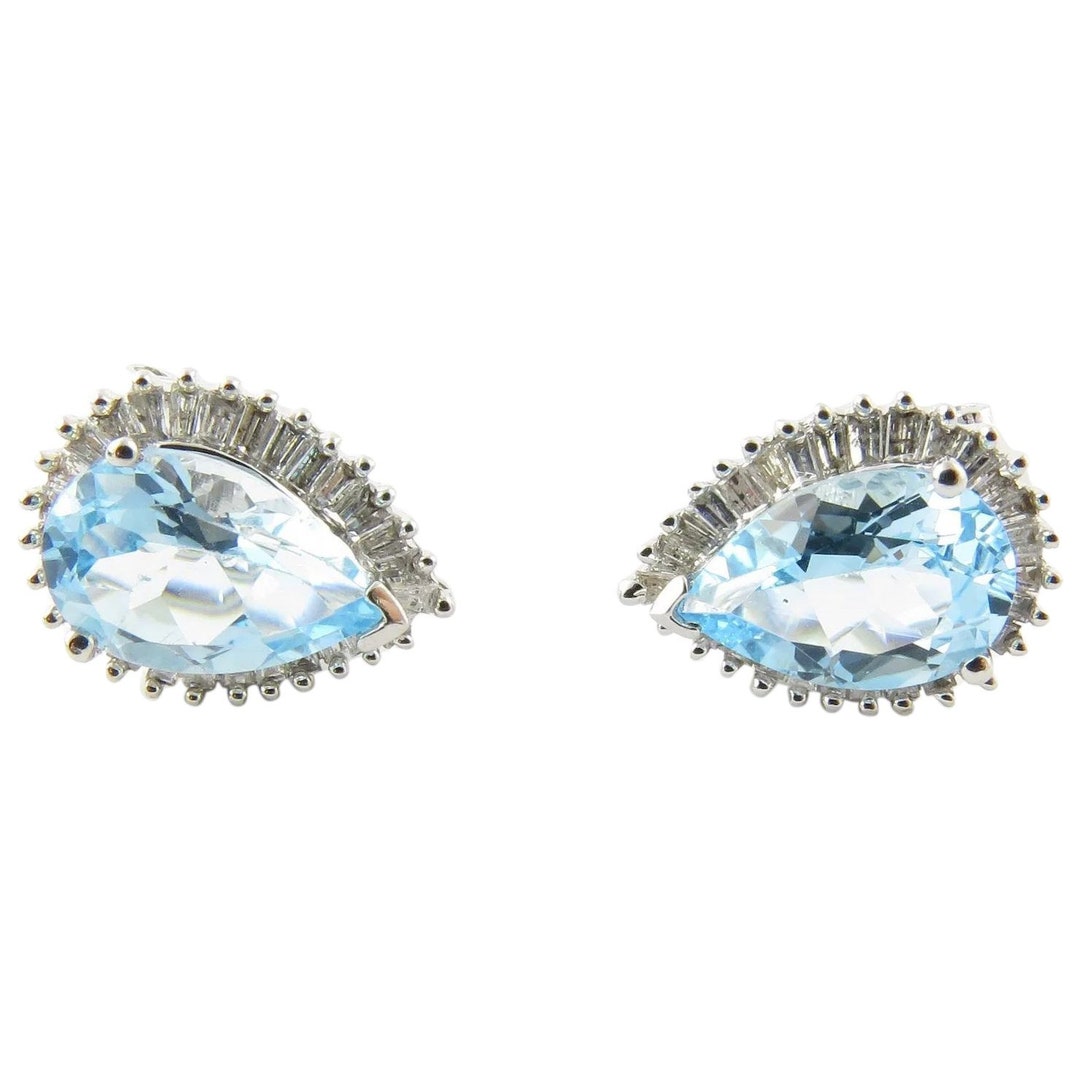 Vintage 14 Karat White Gold Blue Topaz and Diamond Earrings #4228