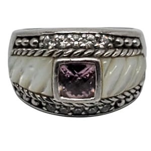 Judith Ripka Sterling Silver Mother of Pearl Pink & White Cz Ring Size 7 #21152