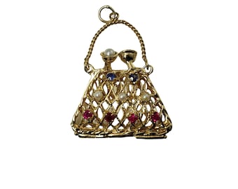 Vintage 14 Karat Yellow Gold and Gemstone Mechanical Handbag Charm #12598