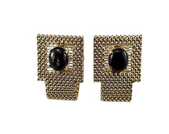 14k Yellow Gold Basketweave and Black Cabochon Stone Cufflinks #25199