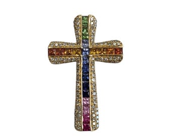 Effy 14k Yellow Gold Watercolors Natural Sapphires Diamond Cross Pendant #26869