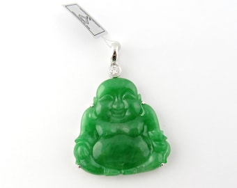 IGI Certified 18K White Gold Natural Jade and Diamond Large Buddha Pendant #3838