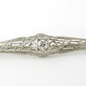 Antique 14K White Gold and European Diamond Filigree Bar Pin Brooch .5ct #189