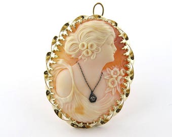 Classic Vintage Gibson Girl Cameo with Diamond Necklace 14K Yellow Gold Pin Pendant #396