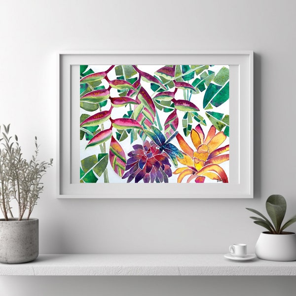 Hanging pink heliconia and bromeliads tropical, lush tropical wall art, dragonfly, 8 x 10 watercolor print