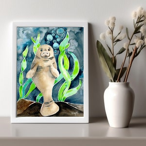 coastal wall art, manatee art print, nursery wall art Watercolor wall art Print 8 x 10
