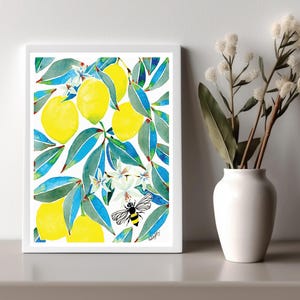 dopamine decor, farmers market Lemons Bee lush botanical garden fruit painting8 x 10 kitchen wall art, watercolor print