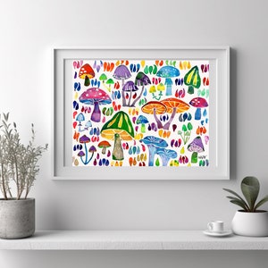 watecolor print dopamine decor kitchen wall decor Multicolor bright mushroom wall art 8 x 10 watercolor print