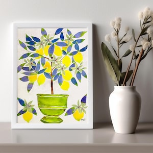 potted lemon tree kitchen citrus fruit painting watercolor wall art decor rustic farmhouse kitchen