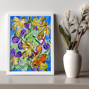 fig painting, fruit painting, kitchen wall art, kitchen print, kitchen wall art, gulf fritillary butterfly Watercolor Print 8 x 10