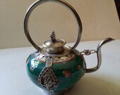 Chinese porcelain and metal teapot, dragons and monkey, green, or incense burner