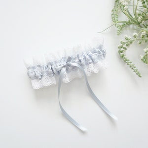 Dusty Blue Wedding Garter / Off White Lace Garter / Bridal Satin Garter / Keepsake Garter / Something Blue Garter / Bridal Shower Gifts