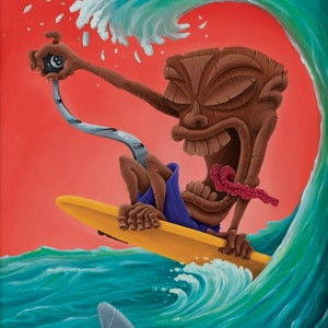 May include: A wooden tiki figure with a red bandana rides a yellow surfboard on a blue wave. The tiki is holding a cue ball and a pool stick. A shark fin is visible in the water below the surfboard.