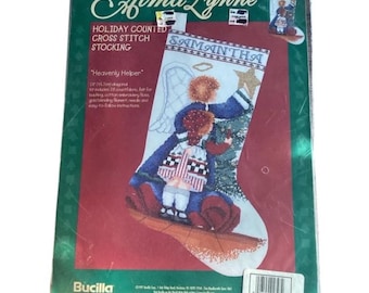 Calcetín navideño de punto de cruz contado Alma Lynn Heavenly Helper, vintage de 1997, nuevo