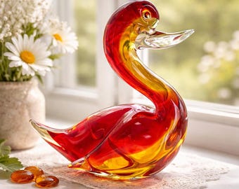 Pato de cristal de Murano soplado a mano vintage rojo amarillo ámbar