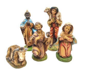 Figuras antiguas de la Natividad de Fontanini, Italia: José, María, Pastor, Rey Mago, Vaca.