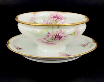Tazón de salsa redondo Haviland Limoges antiguo de 1903 con flores rosas y ribete dorado