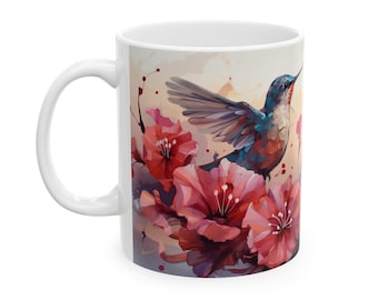Taza de cerámica con colibríes y flores de campanilla (11 oz)