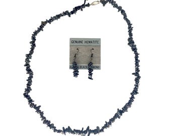 Collar de hematita genuina con diamantes negros de Alaska, 24 pulgadas, juego de aretes con cierre de caja