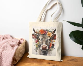 Bolsa de lona de algodón Joy the Hippie Moo Cow para compras y viajes