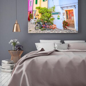 Pu&ograve; includere: Una stretta via colorata in una citt&agrave; europea con una bicicletta parcheggiata in mezzo alla strada. Gli edifici sono dipinti in tonalit&agrave; di rosa, giallo, blu e verde. Ci sono piante in vaso e fiori davanti agli edifici.