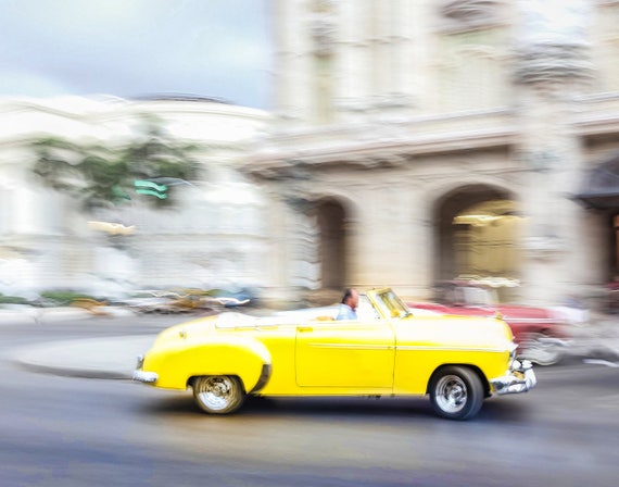 Yellow Classic, Classic Car Photo, Cuba Art Print, Canvas, Cuban Decor, Large Wall Art, Travel Photo, Travel Photography, Cuba Photography