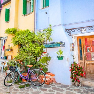 Pu&ograve; includere: Una fila di case colorate con una casa blu in primo piano. La casa blu ha una porta di legno con un interno rosso e un baldacchino in ferro battuto. Una bicicletta &egrave; parcheggiata davanti alla casa con un cespuglio verde e fiori in primo piano.
