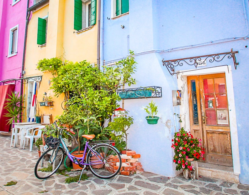 Pu&ograve; includere: Una fila di case colorate con una casa blu in primo piano. La casa blu ha una porta di legno con un interno rosso e un baldacchino in ferro battuto. Una bicicletta &egrave; parcheggiata davanti alla casa con un cespuglio verde e fiori in primo piano.