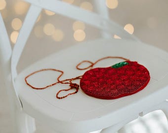 Red Apple Beaded Purse | Teacher Gift | Fall Harvest Beaded Crossbody for Girls | Back to School Apple Bag | Cute Purse for Kids & Women