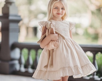 Girls pinafore girls beige dress ivory girls flower dress portrait dress vintage pinafore beach wedding dress twirl dress spring dress