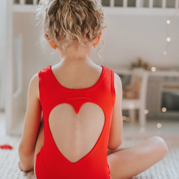 Red Leotard,Heart Cut out back dance leotard,gymnastics leotard,practice leotard,swimsuit,dance recital costume,toddler leotard,dance leo