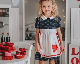 I Love Lucy,Twirl Dress,Girls navy polka dot dress,Valentines Dress,heart apron twirl dress,Toddler valentines Dress,Girls Dress,sitcom